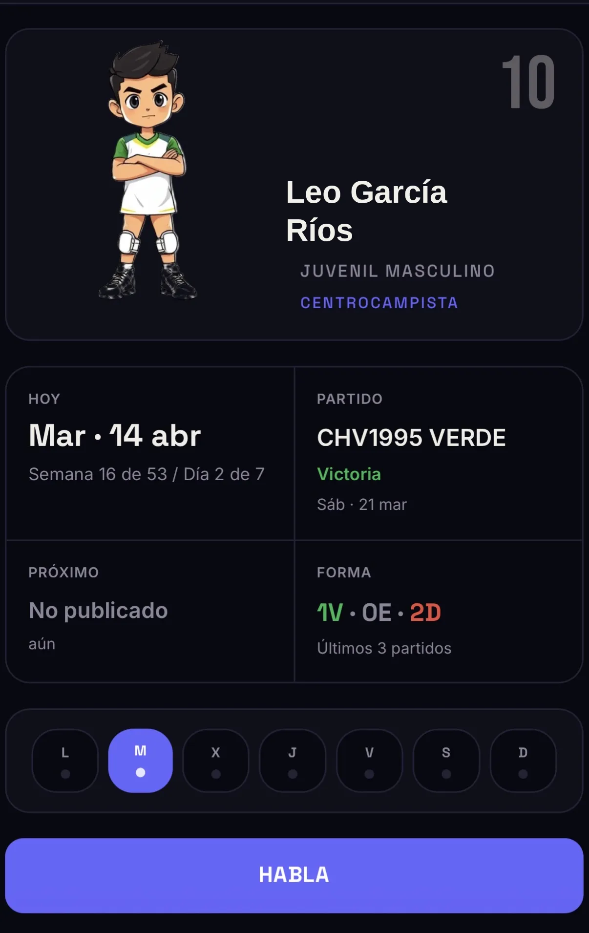 KLUIE player home screen showing a player card, match summary and weekly schedule