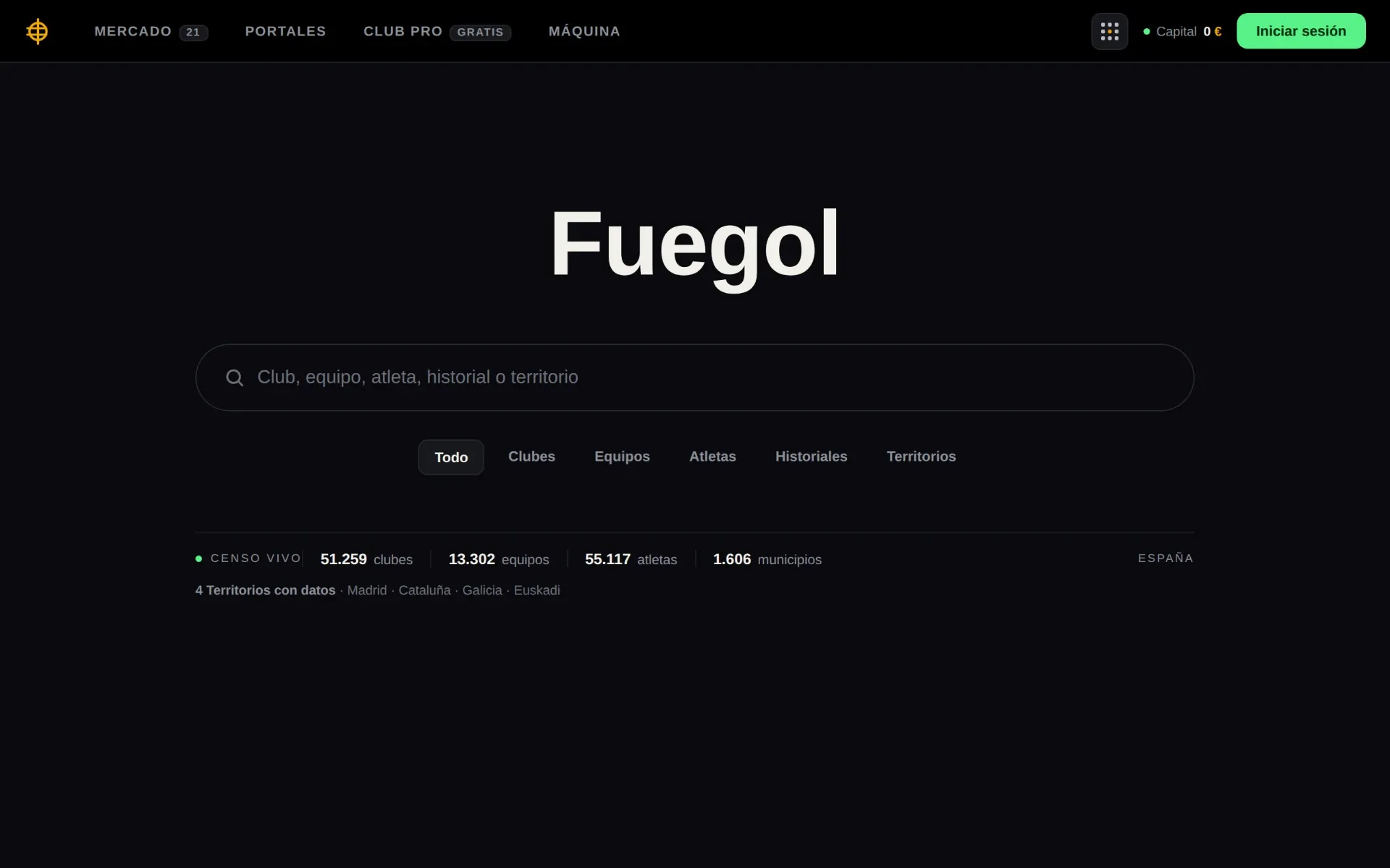 Fuegol census search across clubs, teams, athletes and territories